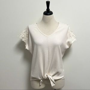 Harper Heritage Ivory Waffle Knit Lace Cap Sleeve Front Tie Medium Oversized